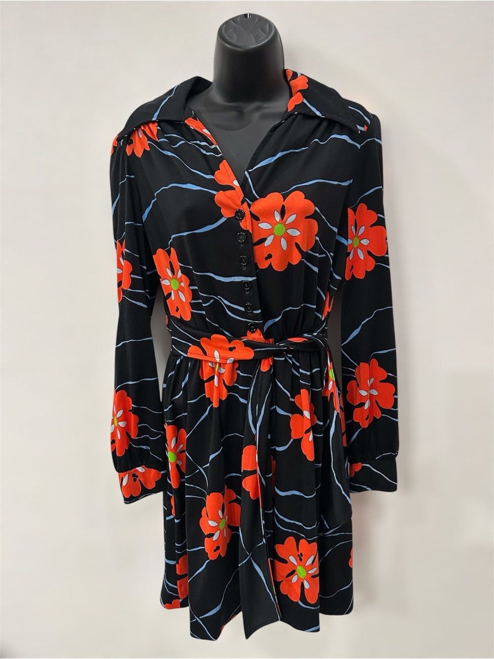 VTG 1970s Black & Red Floral Shirt Dress with Tie Waist